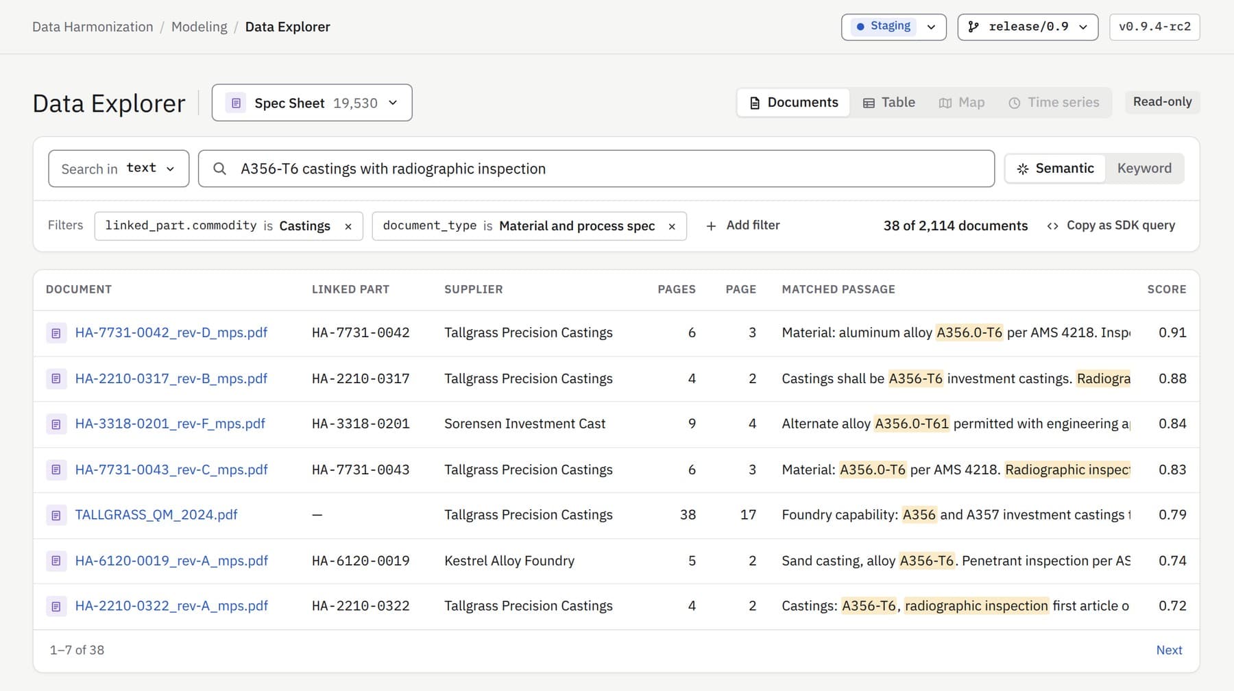 Endeavor Data Explorer searching spec sheets for A356-T6 castings, with matched passages highlighted