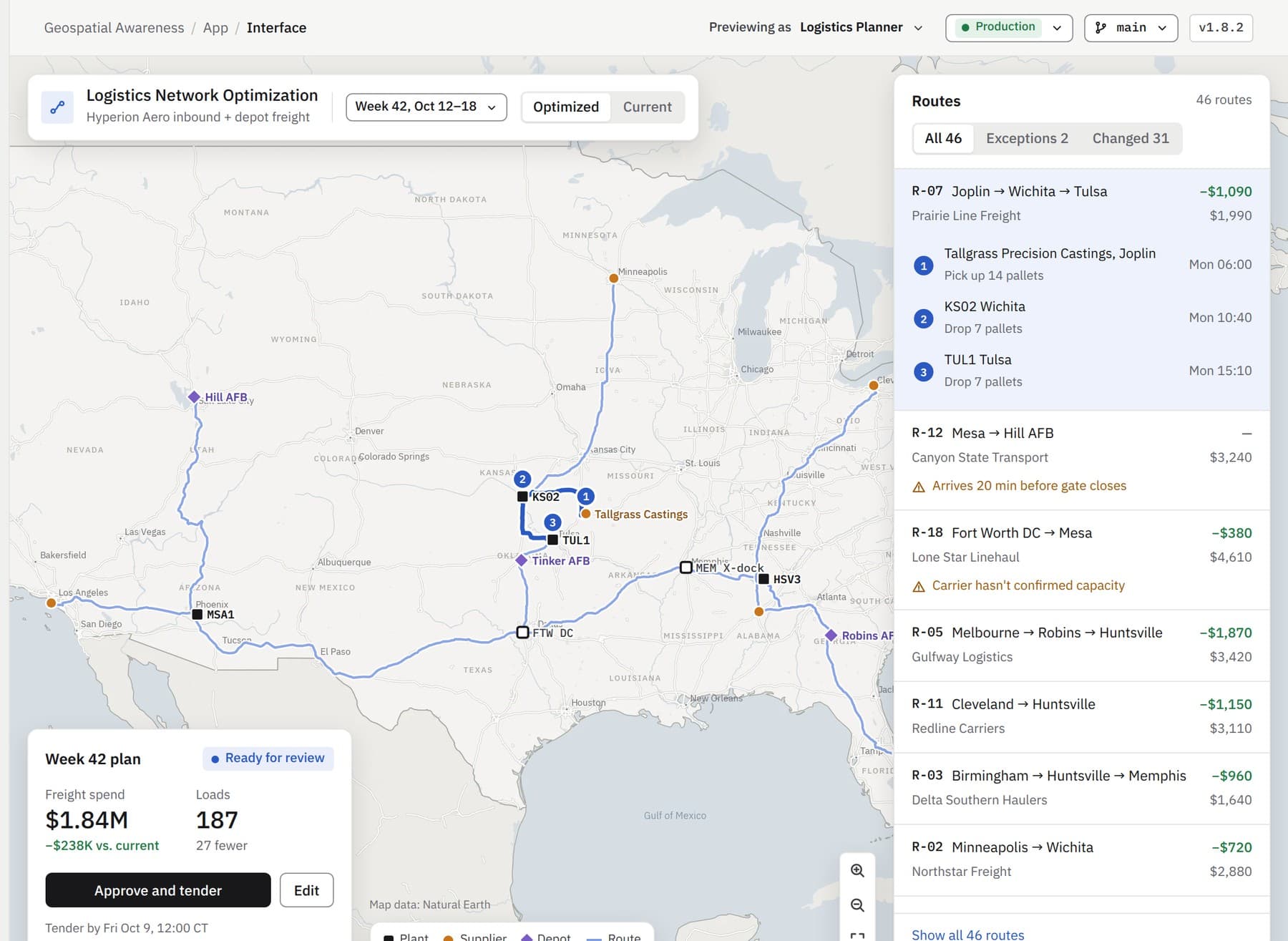 Endeavor Geospatial Awareness map of an optimized freight network with route list